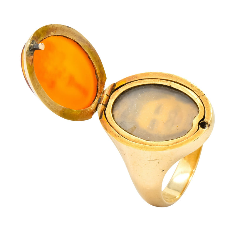 victorian carnelian intaglio 14 karat gold unisex locket ring wilsons estate jewelry jewellery yellow fashion accessory amber gemstone